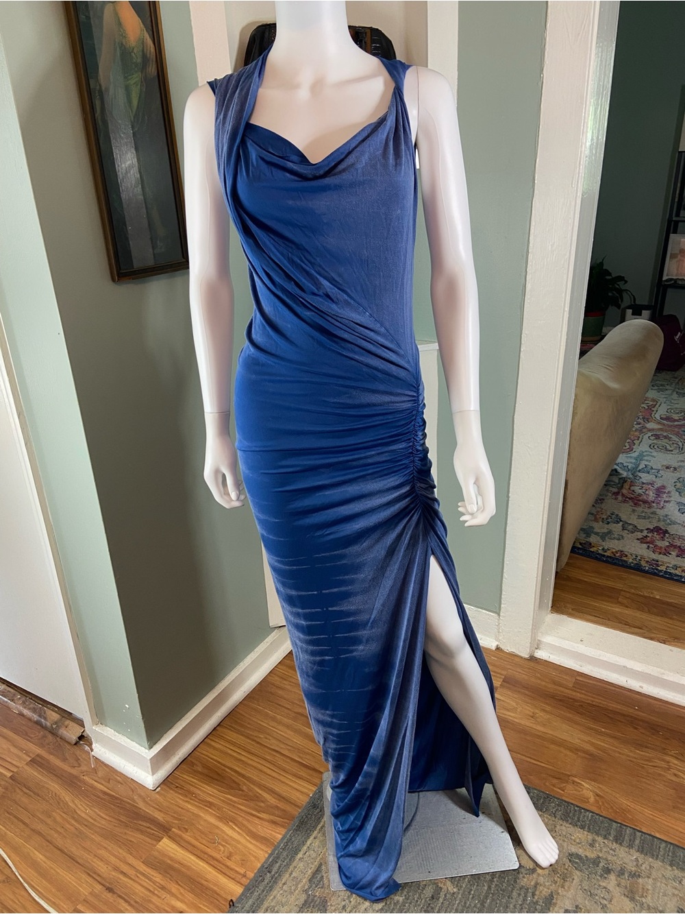 Mijo Michelle Jonas Asymmetrical Bodycon Cowl Neck Ruched Maxi Gown Dress [TE]